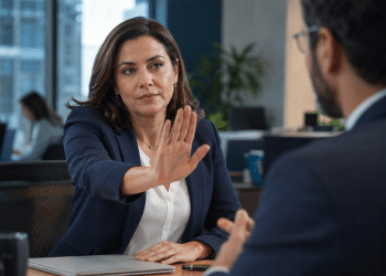 Mulher em reunião corporativa fazendo gesto de recusa com a mão, em contexto de inteligência emocional no trabalho.