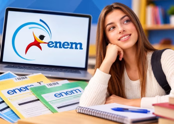 Jovem estudante ao lado de notebook com identificação do Enem e cadernos de prova, representando a divulgação do local de prova do Enem 2026.