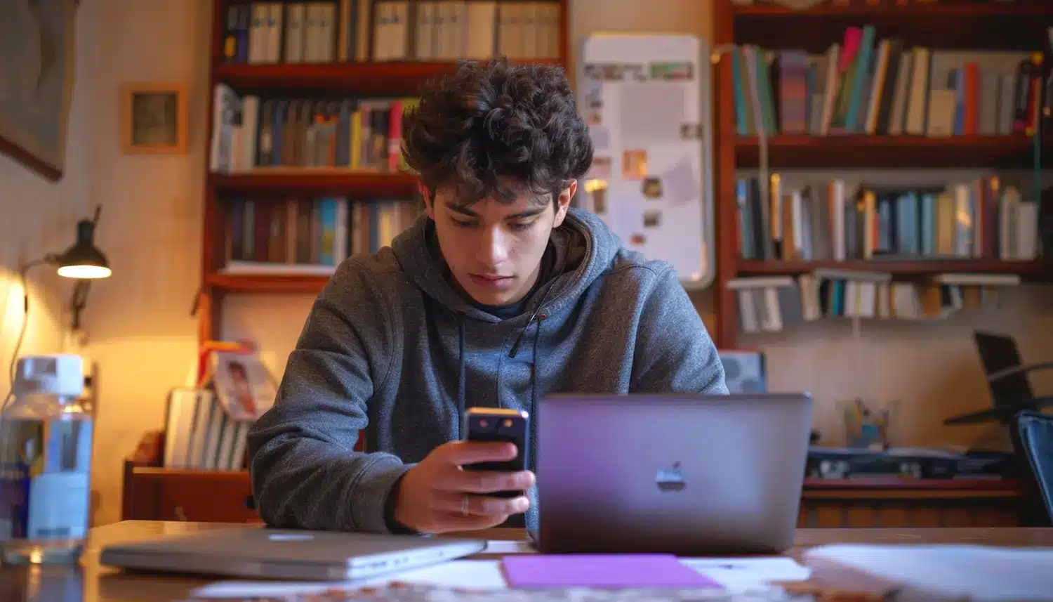 Estudante acessa o MEC Enem pelo celular enquanto estuda com um notebook.