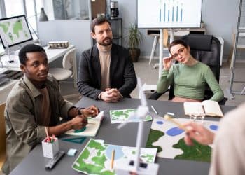 Equipe multidisciplinar analisa mapas e gráficos ao lado de maquetes de turbinas eólicas em reunião de projeto ambiental