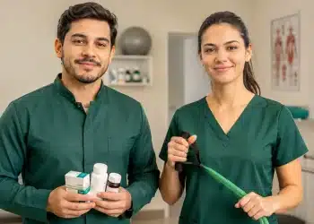 Profissionais de farmácia e fisioterapia lado a lado, representando a comparação salarial entre as duas carreiras no Brasil.