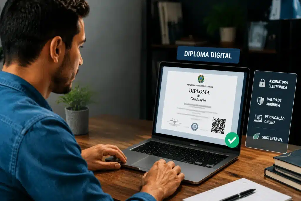 Estudante consulta diploma universitário digital com assinatura eletrônica e verificação online.