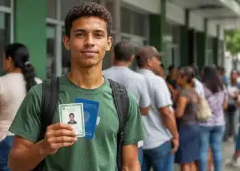 Jovem segura documentos de identificação com uma fila de pessoas ao fundo, representando o mutirão para emissão da Carteira de Identidade Nacional (CIN), o novo RG.
