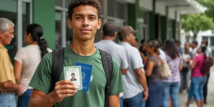 Jovem segura documentos de identificação com uma fila de pessoas ao fundo, representando o mutirão para emissão da Carteira de Identidade Nacional (CIN), o novo RG.