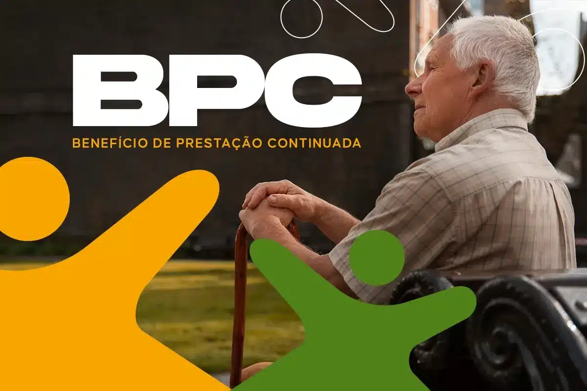 Idoso apoiado em bengala ao lado do logo do BPC, sobre o mutirão de perícia do INSS