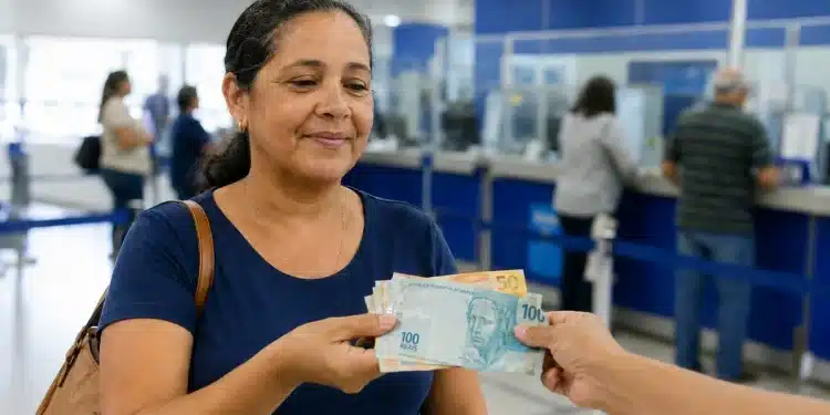 Beneficiária recebe dinheiro em agência bancária, representando o pagamento de atrasados previdenciários.