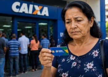 Mulher observa o cartão do INSS com expressão preocupada em frente a uma agência da Caixa, situação de quem teve o benefício não depositado.