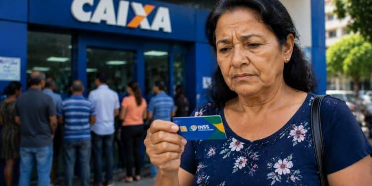 Mulher observa o cartão do INSS com expressão preocupada em frente a uma agência da Caixa, situação de quem teve o benefício não depositado.