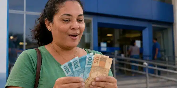 Mulher segurando cédulas de real em frente a uma entrada azul, representando pagamentos extras liberados em julho.