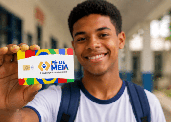 Estudante segurando cartão do programa Pé-de-Meia em escola pública.