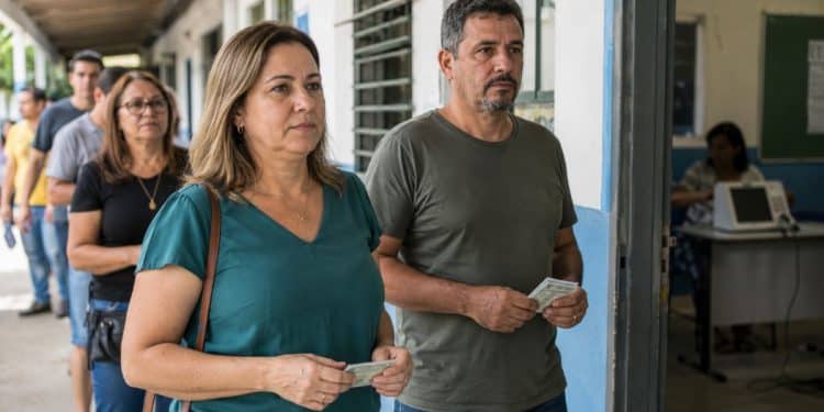 Eleitores adultos aguardam em fila com o documento de identidade em mãos diante da seção eleitoral, grupo de idade que reúne o maior número de aptos a votar em 2026