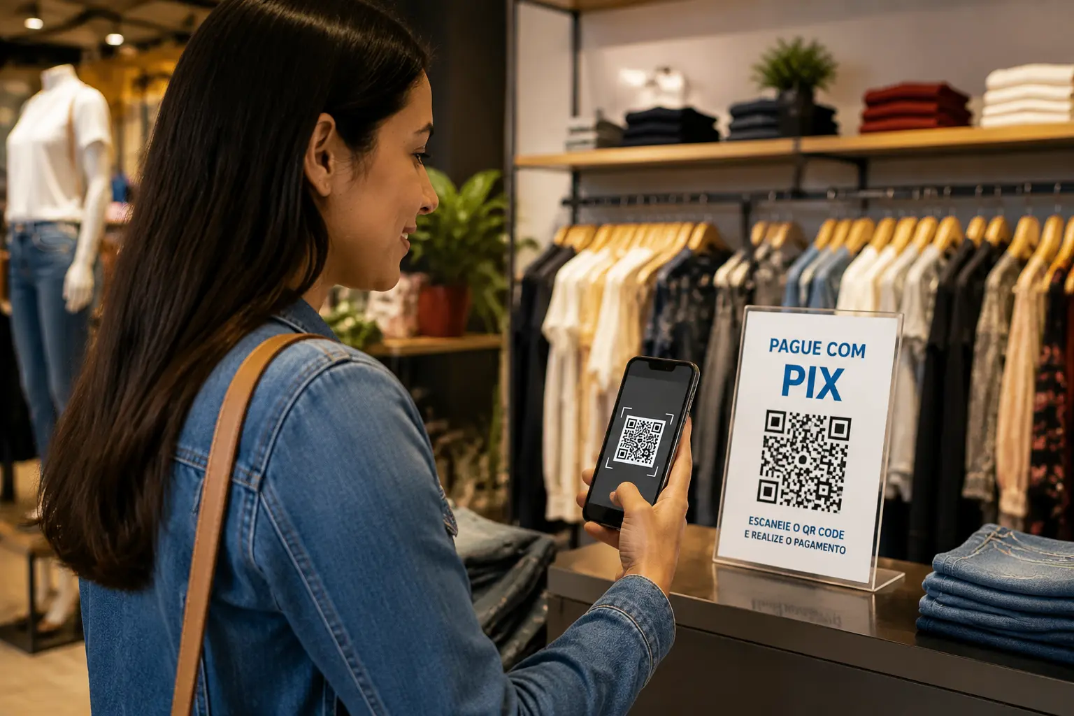 Pessoa conferindo informações de pagamento via Pix por QR Code em loja.