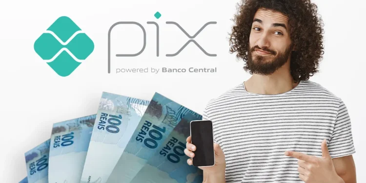 Golpe do Pix com usuário segurando celular e notas de dinheiro ao lado do logotipo do sistema de pagamentos.