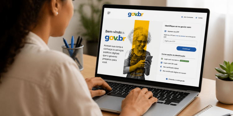 Mulher usando notebook aberto no site gov.br com tela de login e destaque colorido em campanha institucional, simbolizando o acesso à plataforma Gov.br.