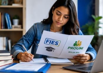 Estudante analisa documento com os logos do Fies e do Prouni e a indicação de bolsa de 50%, ilustrando como financiar a outra metade da mensalidade.