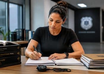 Imagem ilustrativa de candidata escrevendo à mão diante de códigos de Direito Penal, Processo Penal e Constituição Federal, em representação do treino da peça cobrada no concurso de delegado