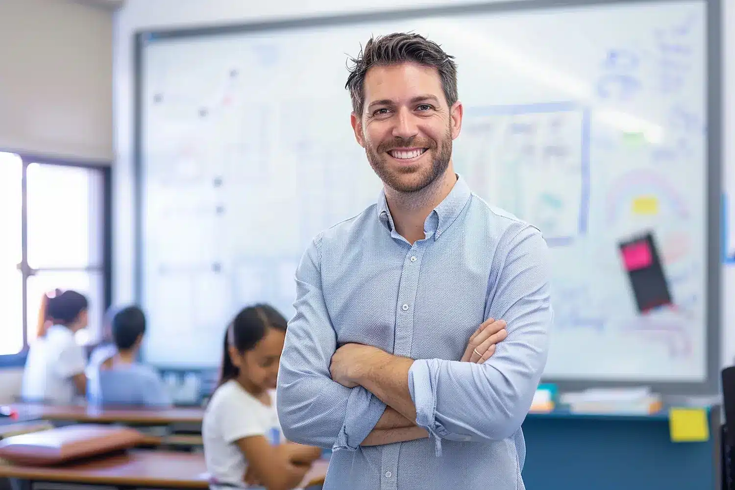 Professor em sala de aula representando a nova lei que garante licença remunerada para qualificação profissional de docentes.