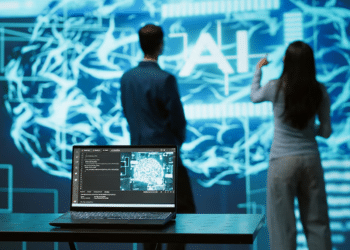 Duas pessoas observando um grande painel com a sigla AI e a imagem de um cérebro digital, com notebook em primeiro plano