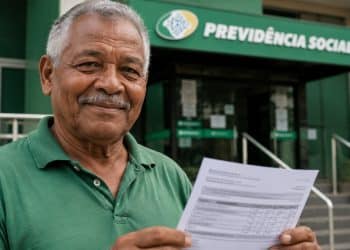 Aposentado sorridente segura documento em frente a uma agência da Previdência Social, referência à proposta de recálculo do benefício do INSS