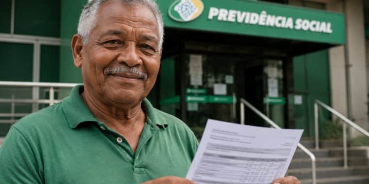 Aposentado sorridente segura documento em frente a uma agência da Previdência Social, referência à proposta de recálculo do benefício do INSS