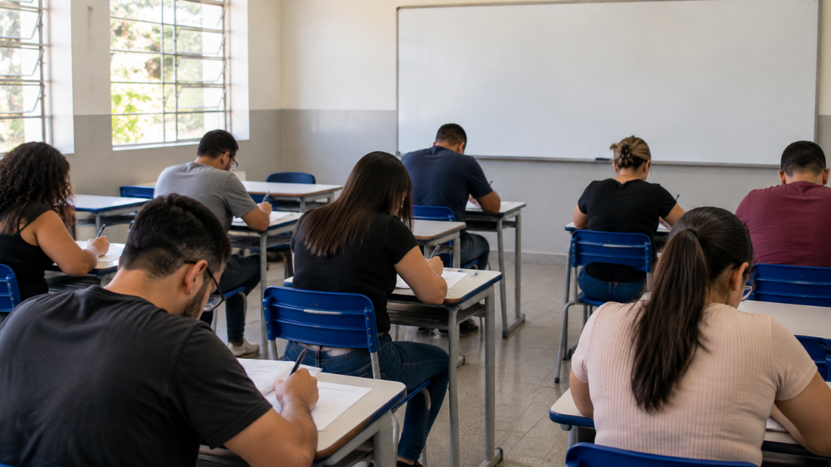 Candidatos realizam prova de concurso público em sala de aula para seleção do Detran-SP.