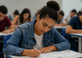 Estudante realiza prova do Encceja 2026 e escreve redação em sala de aplicação do exame.