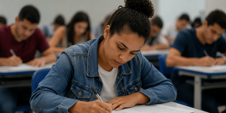 Estudante realiza prova do Encceja 2026 e escreve redação em sala de aplicação do exame.