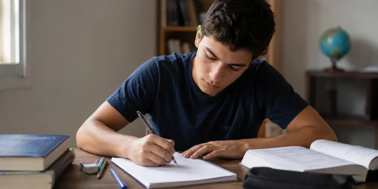 Estudante escrevendo uma redação do Enem com livros e materiais de estudo sobre a mesa, simbolizando as melhores dicas para escrever uma redação do Enem.