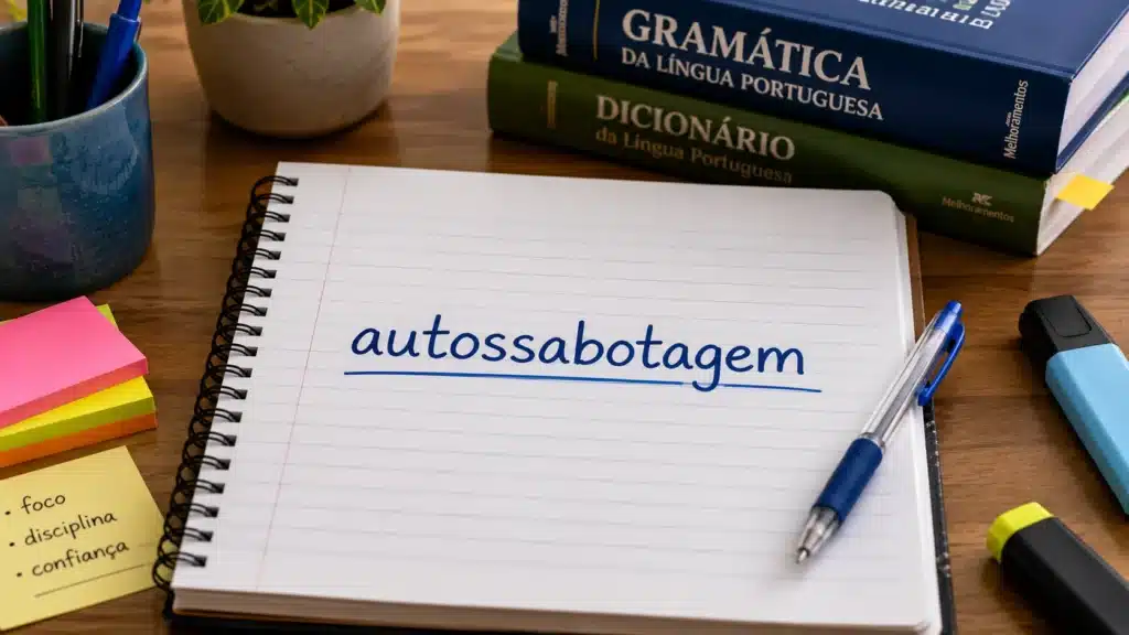 Caderno aberto com a palavra “autossabotagem” escrita corretamente, ao lado de livros de gramática e materiais de estudo.