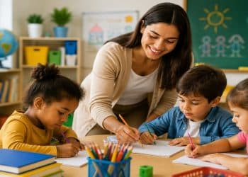 Professora auxilia crianças em atividade de desenho em sala de educação infantil, ilustrando onde a formação em magistério é aceita para dar aula.