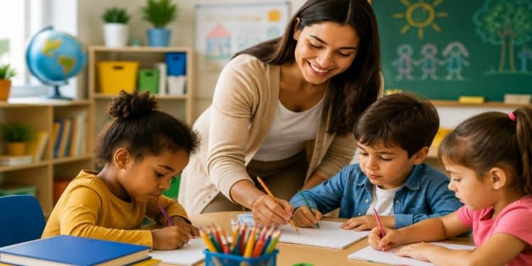 Professora auxilia crianças em atividade de desenho em sala de educação infantil, ilustrando onde a formação em magistério é aceita para dar aula.