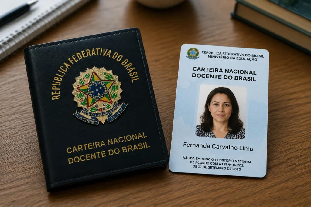Carteira Nacional Docente do Brasil ao lado de documento de identificação representando os requisitos para solicitar a CNDB