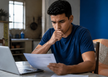 Estudante preocupado analisando documento após resultado do Fies 2026.2 e buscando alternativas para continuar os estudos.
