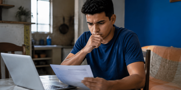 Estudante preocupado analisando documento após resultado do Fies 2026.2 e buscando alternativas para continuar os estudos.