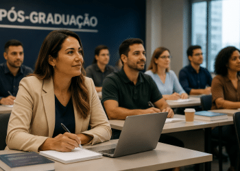 Mulher adulta participa de aula de pós-graduação em sala universitária com outros estudantes em formação profissional.