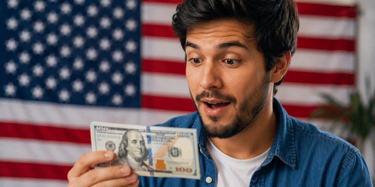 Homem observa nota de cem dólares com expressão de surpresa diante da bandeira dos Estados Unidos