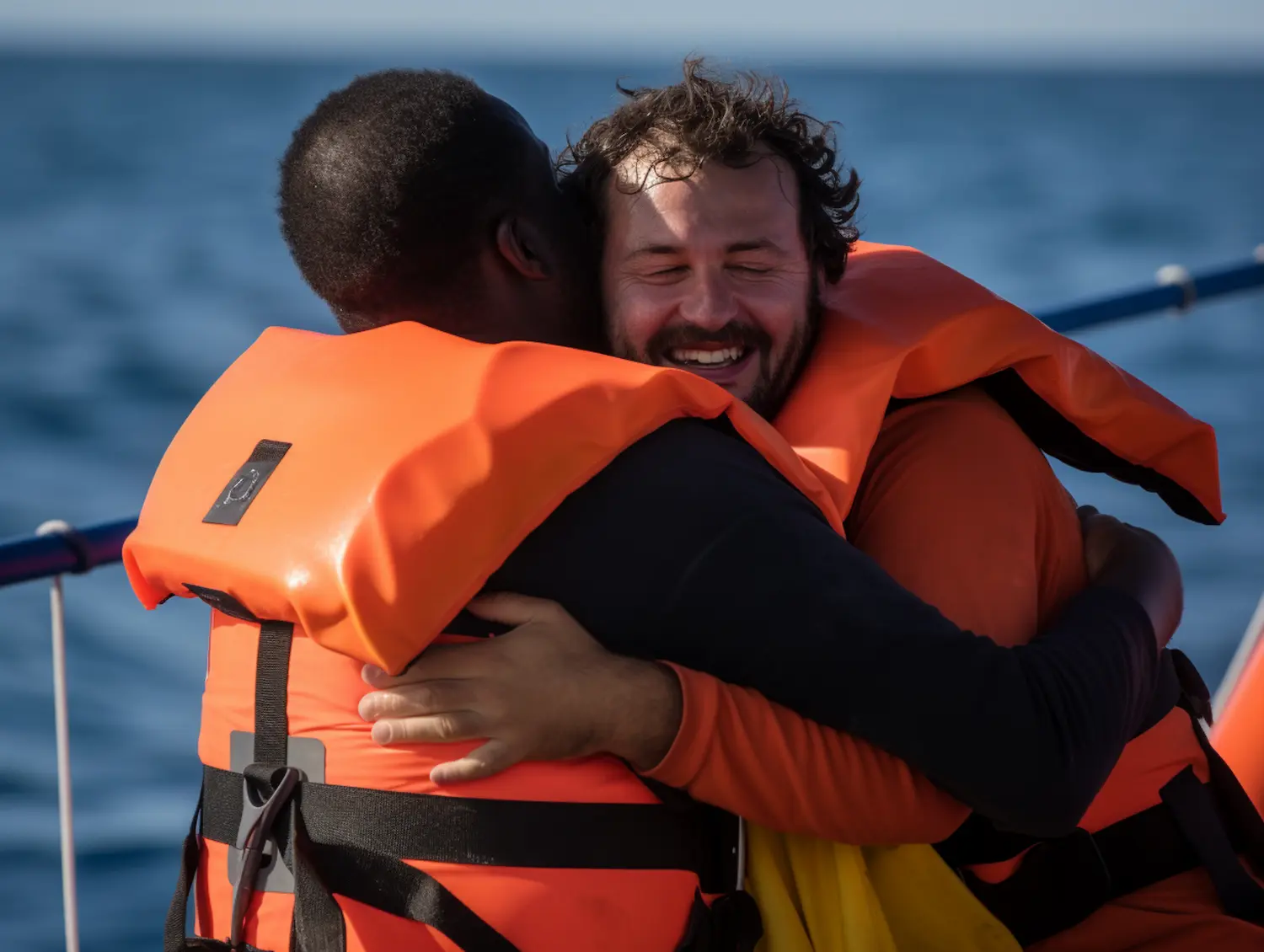 Salva-vidas realizando resgate em embarcação com equipamento de segurança aquática.