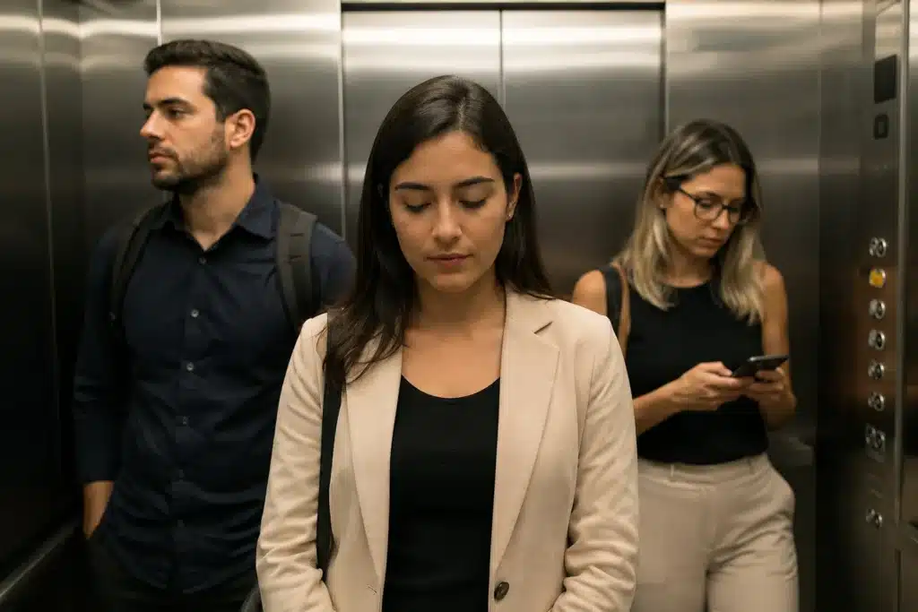 Três pessoas em silêncio dentro de um elevador, representando timidez, cansaço e ansiedade social