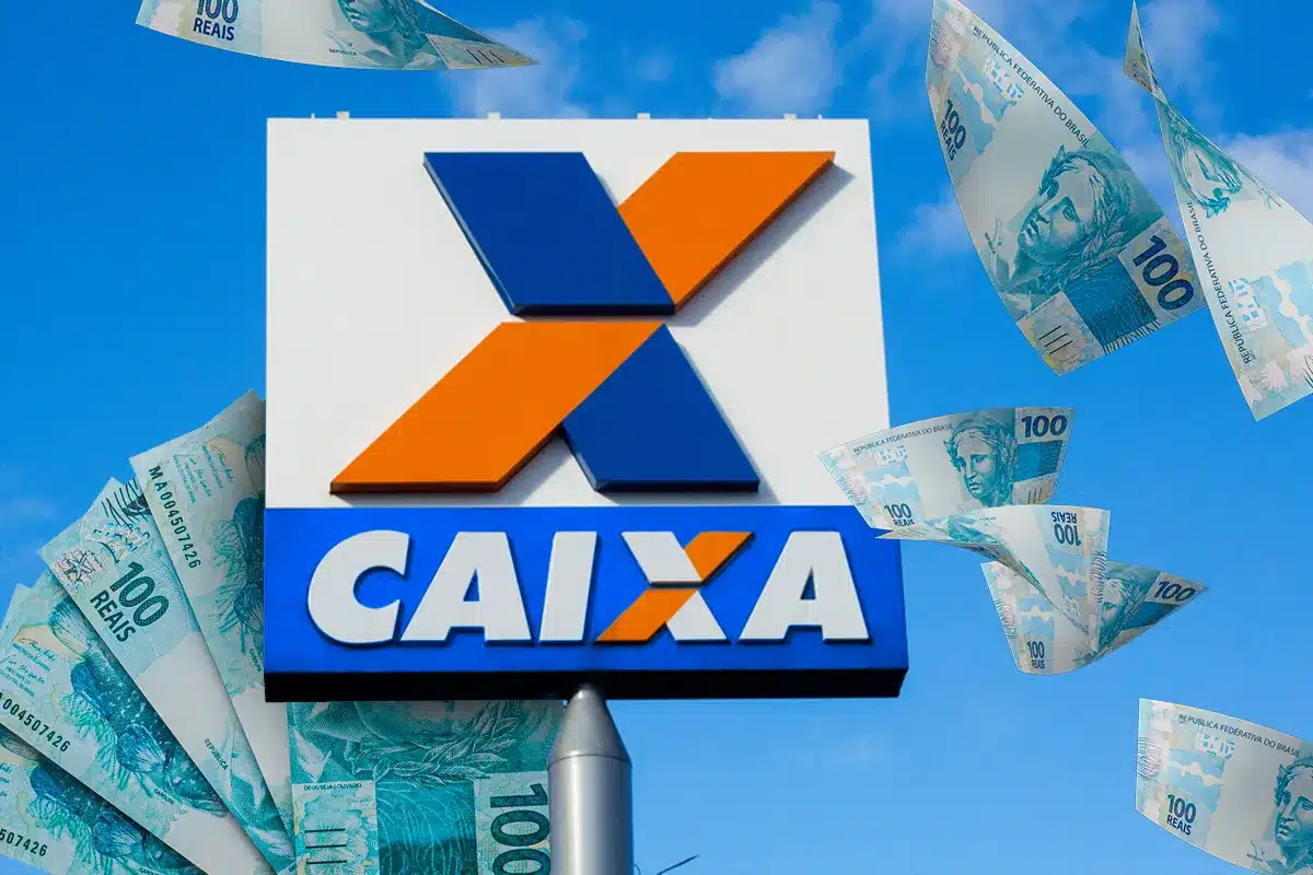 Letreiro da CAIXA Econômica Federal cercado por notas de R$ 100, representando o Saque Calamidade do FGTS de até R$ 6.220