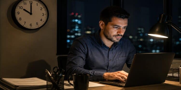 Profissional trabalha no notebook durante a madrugada, com relógio na parede marcando 10h e a cidade iluminada ao fundo, imagem ilustrativa do acréscimo garantido a quem cumpre jornada no período noturno