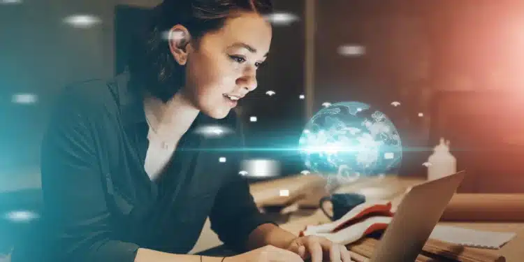 Estudante utilizando notebook em ambiente de estudo com elementos digitais que representam o uso de inteligência artificial em vestibular online.