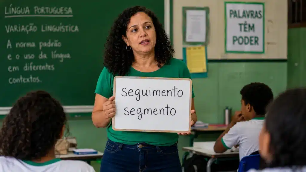 Professora apresenta as palavras “seguimento” e “segmento” durante aula de Língua Portuguesa.