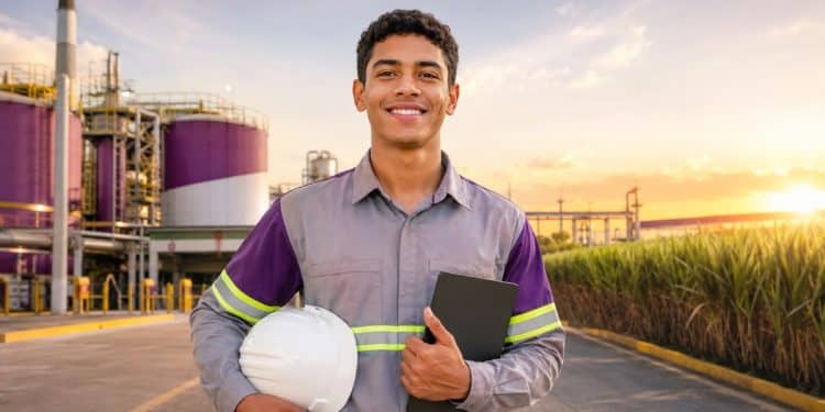 Jovem aprendiz sorridente, de uniforme cinza e roxo com faixas refletivas, segura capacete branco e tablet em frente a tanques e canavial de usina da Raízen, empresa que recebe inscrições para o Programa Aprendiz 2026 até 27 de julho