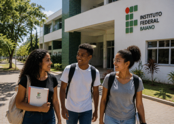 Três jovens estudantes sorrindo com mochilas em frente ao Instituto Federal Baiano, simbolizando as vagas em cursos técnicos.