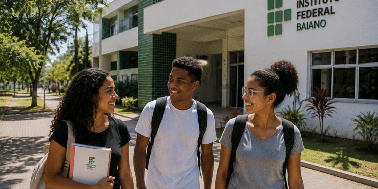 Três jovens estudantes sorrindo com mochilas em frente ao Instituto Federal Baiano, simbolizando as vagas em cursos técnicos.
