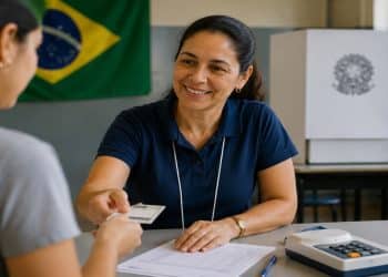 Imagem ilustrativa de mesária entregando o comprovante de votação à eleitora, tarefa de quem trabalha na urna e tem direito a folgas e auxílio-alimentação nas Eleições 2026