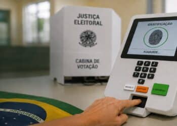 Eleitor posiciona o dedo no leitor biométrico da urna eletrônica durante a identificação na seção, imagem ilustrativa da dúvida sobre a biometria ser ou não obrigatória para votar nas eleições de 2026