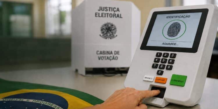 Eleitor posiciona o dedo no leitor biométrico da urna eletrônica durante a identificação na seção, imagem ilustrativa da dúvida sobre a biometria ser ou não obrigatória para votar nas eleições de 2026