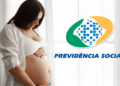 Gestante ao lado do logo do INSS e Previdência Social em fundo claro.