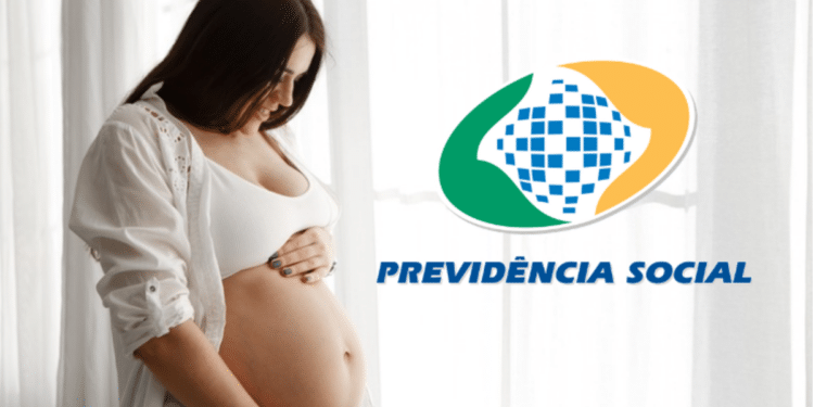 Gestante ao lado do logo do INSS e Previdência Social em fundo claro.